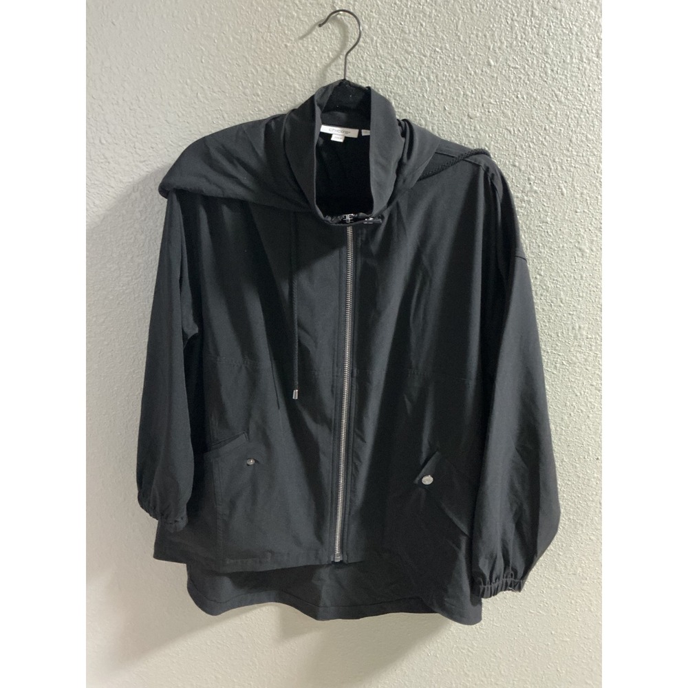 Chicos Zenergy Black Hooded Windbreaker Jacket Full Zip Size 2 L High Low Hem